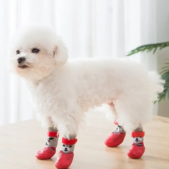 4 Pet Socks Weatherproof Dog Cat Velcro Non Slip Cute sz Small Red Gray Black - Picture 1 of 4